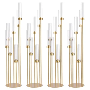 4Sets 7 Arms Floor Candelabra Wedding Centerpieces Gold 48" Tall Metal Candlestick Holders with Acrylic Removable Lampshade